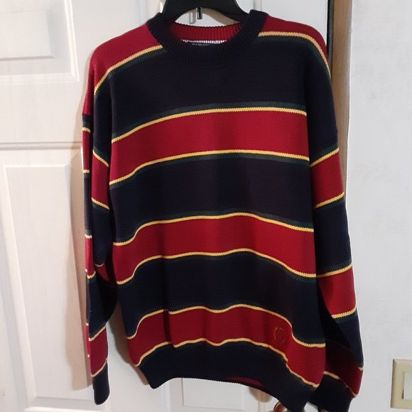 VTG 90's Tommy Hilfiger Men's Heavy Cotton Sweater Striped Color Block Size L - Picture 1 of 7